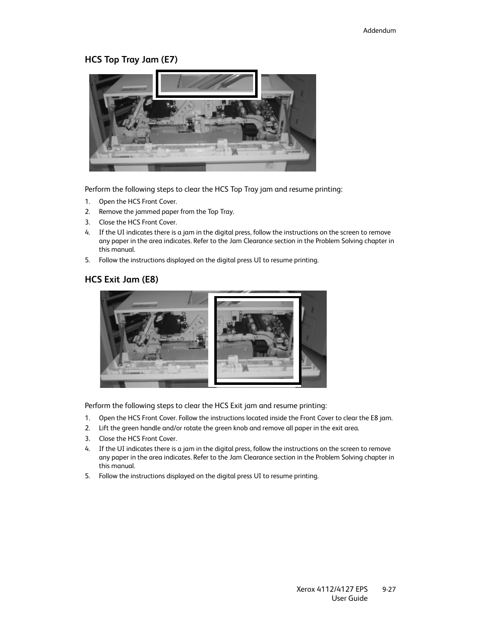 Hcs top tray jam (e7), Hcs exit jam (e8), Hcs top tray jam (e7) -27 hcs exit jam (e8) -27 | Xerox 4112-4127 Enterprise Printing System-4612 User Manual | Page 203 / 224