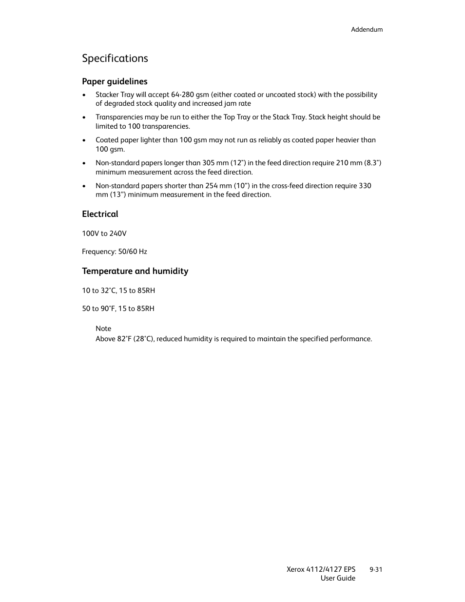 Specifications, Paper guidelines, Electrical | Temperature and humidity, Specifications -31 | Xerox 4112-4127 Enterprise Printing System-4612 User Manual | Page 207 / 224