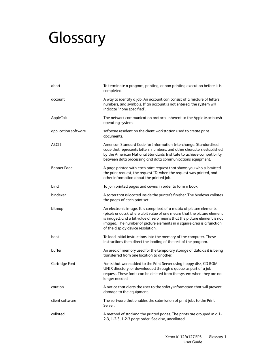 Glossary, Glossary -1 | Xerox 4112-4127 Enterprise Printing System-4612 User Manual | Page 209 / 224