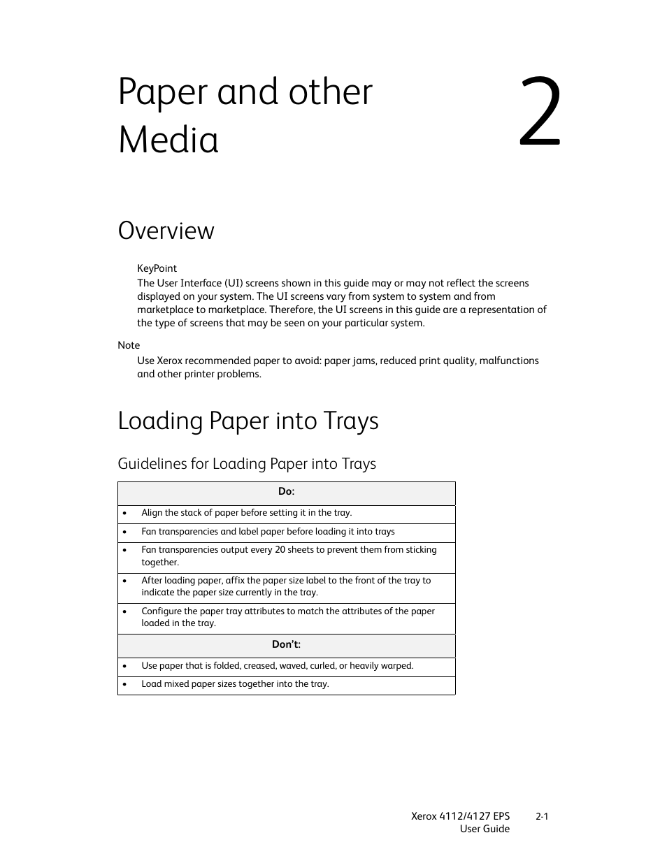 Paper and other media, Overview, Loading paper into trays | Guidelines for loading paper into trays, Paper and other media -1, Overview -1 loading paper into trays -1, Guidelines for loading paper into trays -1 | Xerox 4112-4127 Enterprise Printing System-4612 User Manual | Page 21 / 224