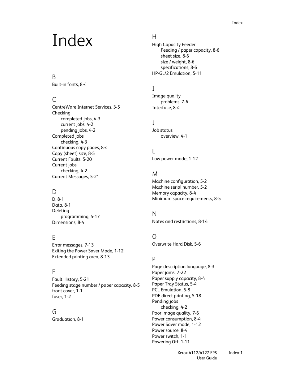 Index | Xerox 4112-4127 Enterprise Printing System-4612 User Manual | Page 221 / 224