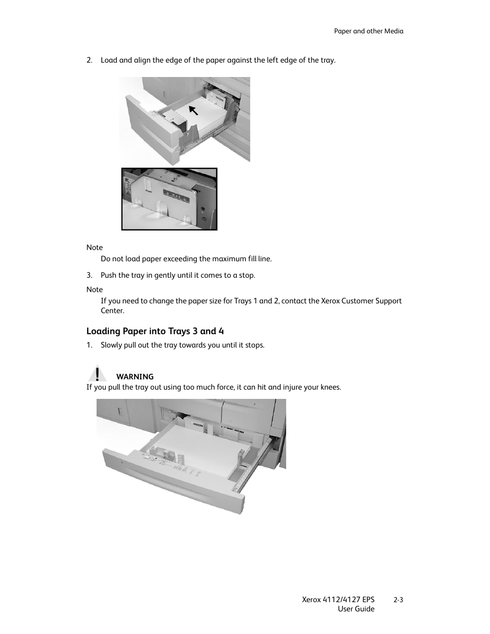 Loading paper into trays 3 and 4, Loading paper into trays 3 and 4 -3 | Xerox 4112-4127 Enterprise Printing System-4612 User Manual | Page 23 / 224