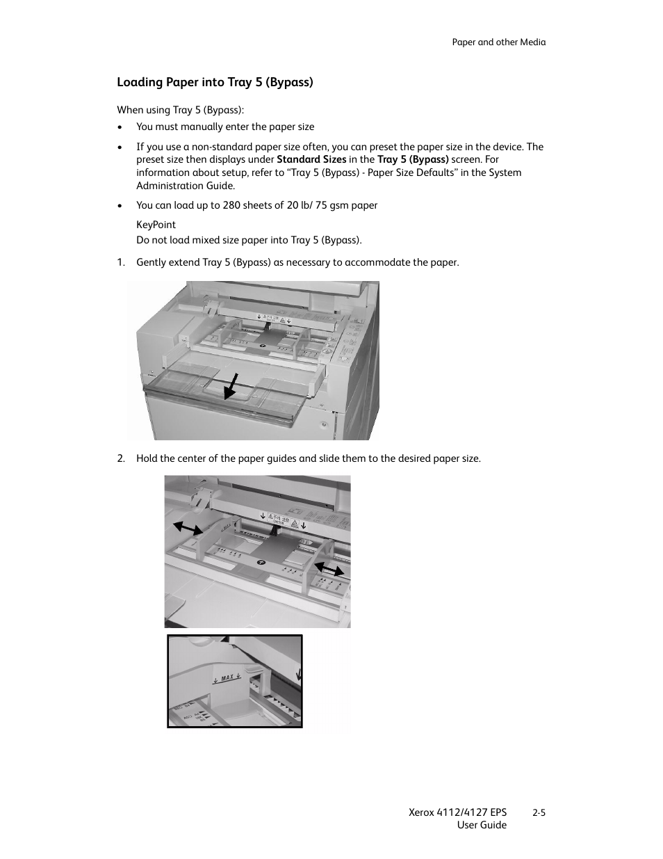 Loading paper into tray 5 (bypass), Loading paper into tray 5 (bypass) -5 | Xerox 4112-4127 Enterprise Printing System-4612 User Manual | Page 25 / 224