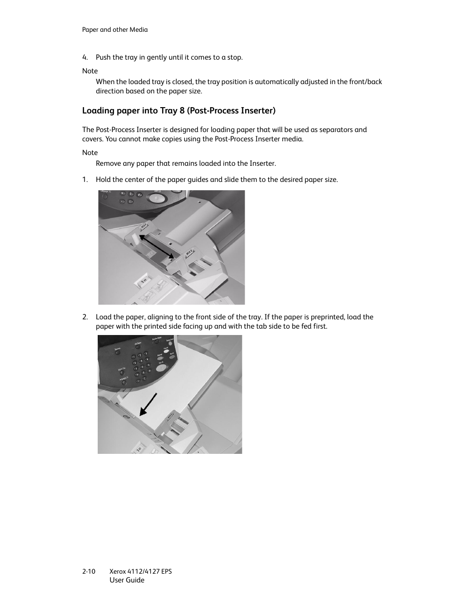 Loading paper into tray 8 (post-process inserter) | Xerox 4112-4127 Enterprise Printing System-4612 User Manual | Page 30 / 224