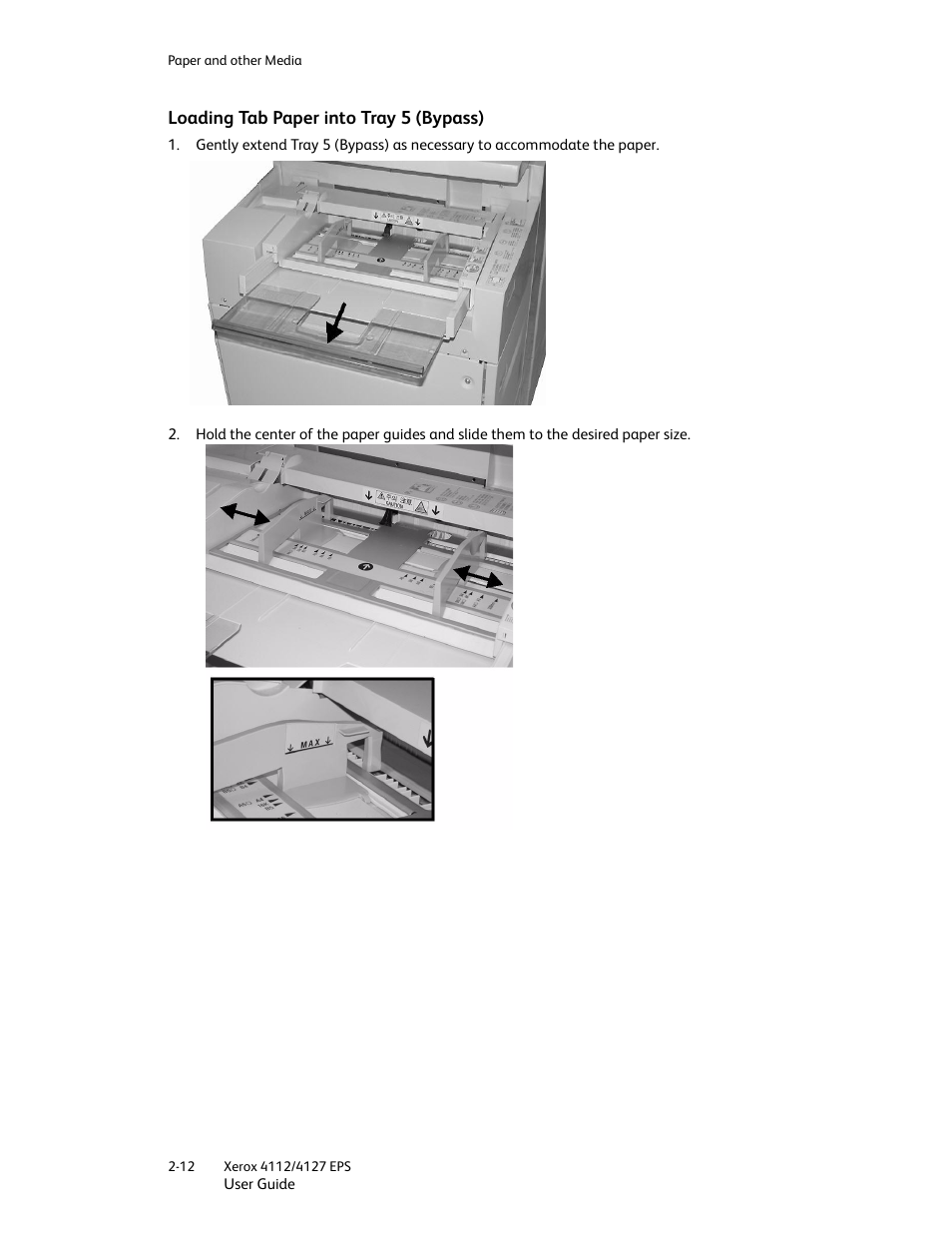 Loading tab paper into tray 5 (bypass), Loading tab paper into tray 5 (bypass) -12 | Xerox 4112-4127 Enterprise Printing System-4612 User Manual | Page 32 / 224