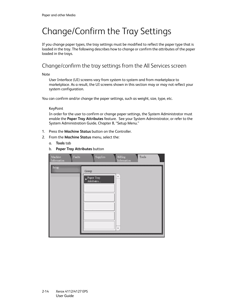 Change/confirm the tray settings, Change/confirm the tray settings -14 | Xerox 4112-4127 Enterprise Printing System-4612 User Manual | Page 34 / 224