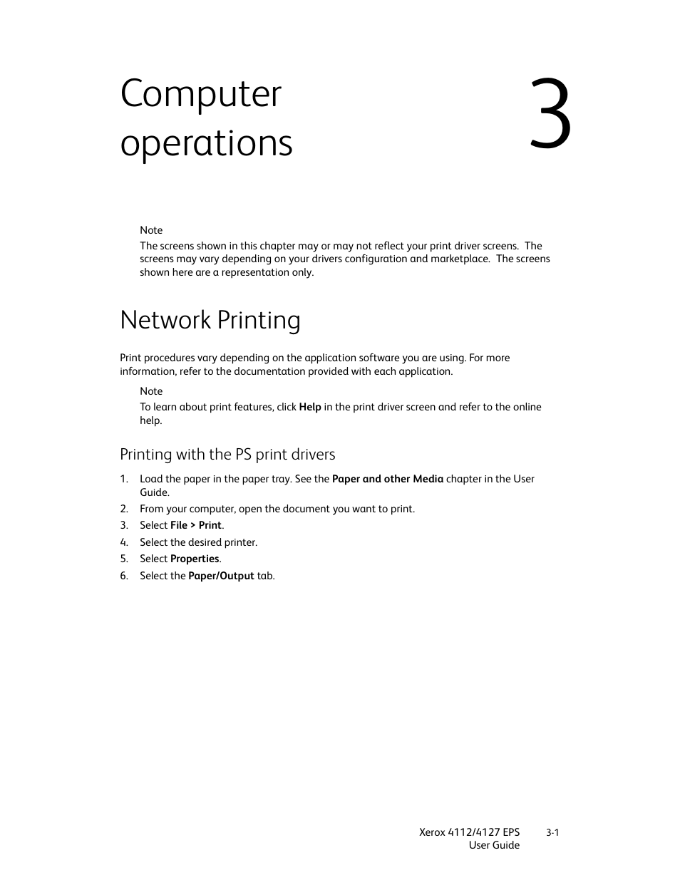 Computer operations, Network printing, Printing with the ps print drivers | Computer operations -1, Network printing -1, Printing with the ps print drivers -1 | Xerox 4112-4127 Enterprise Printing System-4612 User Manual | Page 43 / 224