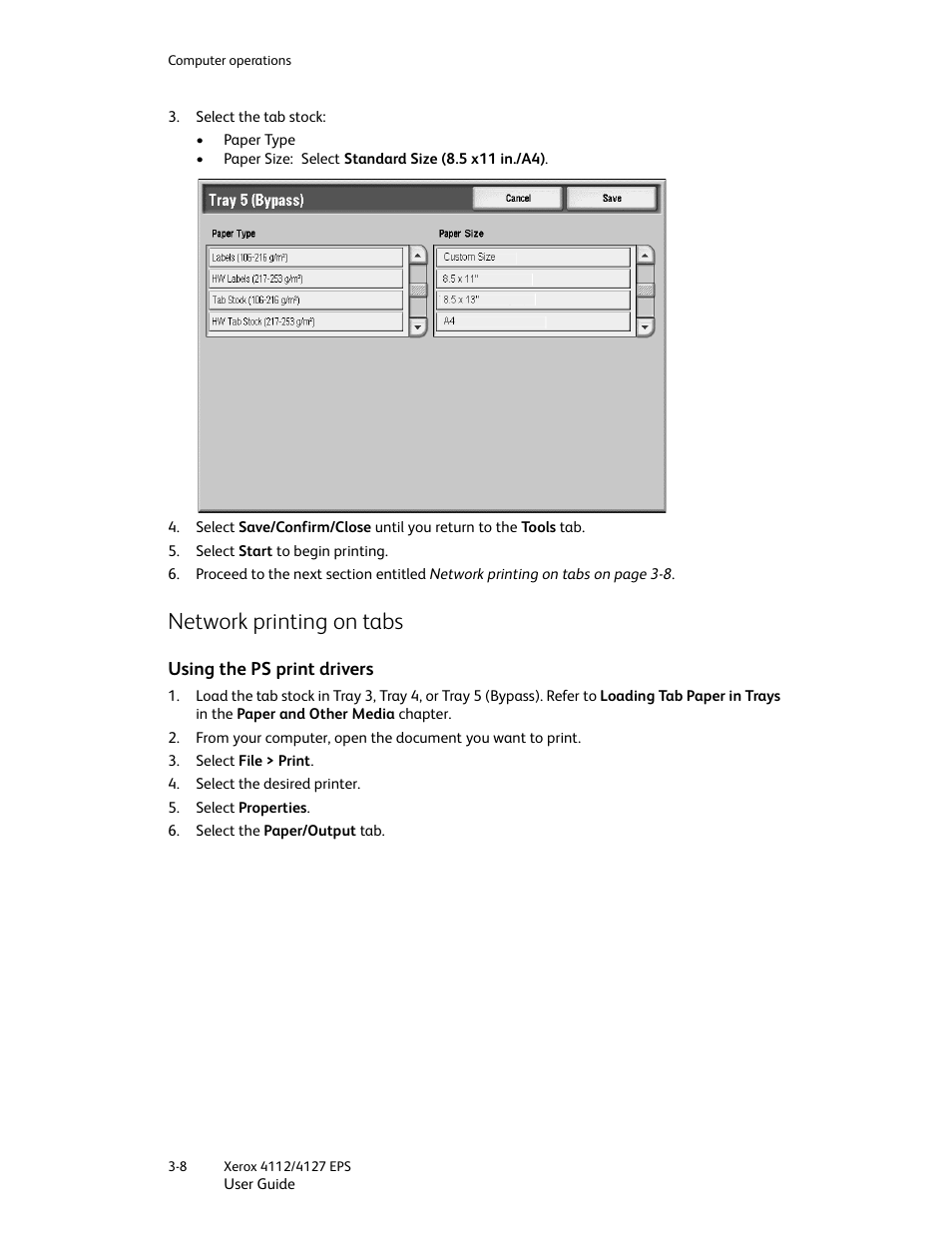 Network printing on tabs, Using the ps print drivers, Network printing on tabs -8 | Using the ps print drivers -8 | Xerox 4112-4127 Enterprise Printing System-4612 User Manual | Page 50 / 224