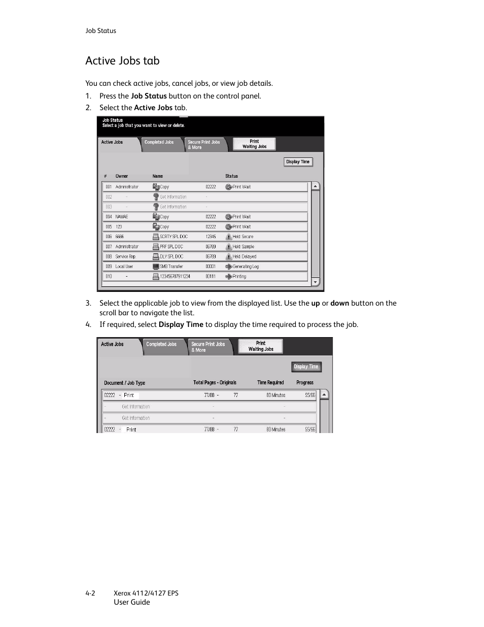 Active jobs tab, Active jobs tab -2 | Xerox 4112-4127 Enterprise Printing System-4612 User Manual | Page 58 / 224