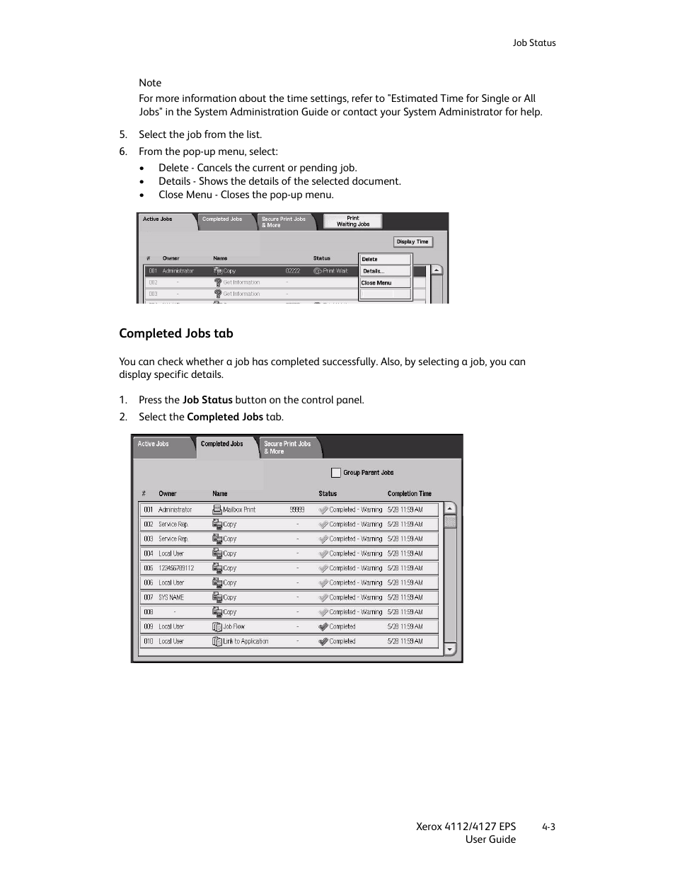 Completed jobs tab, Completed jobs tab -3 | Xerox 4112-4127 Enterprise Printing System-4612 User Manual | Page 59 / 224