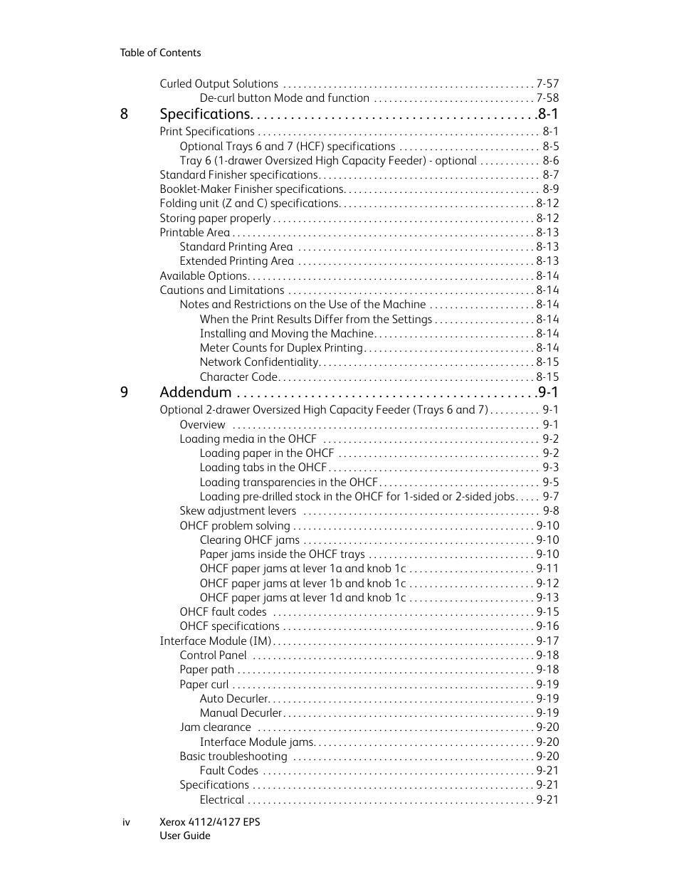 8specifications -1, 9addendum -1 | Xerox 4112-4127 Enterprise Printing System-4612 User Manual | Page 6 / 224