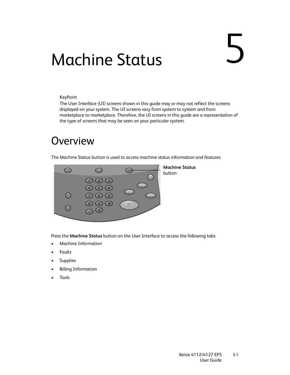 Machine status, Overview, Machine status -1 | Overview -1 | Xerox 4112-4127 Enterprise Printing System-4612 User Manual | Page 61 / 224