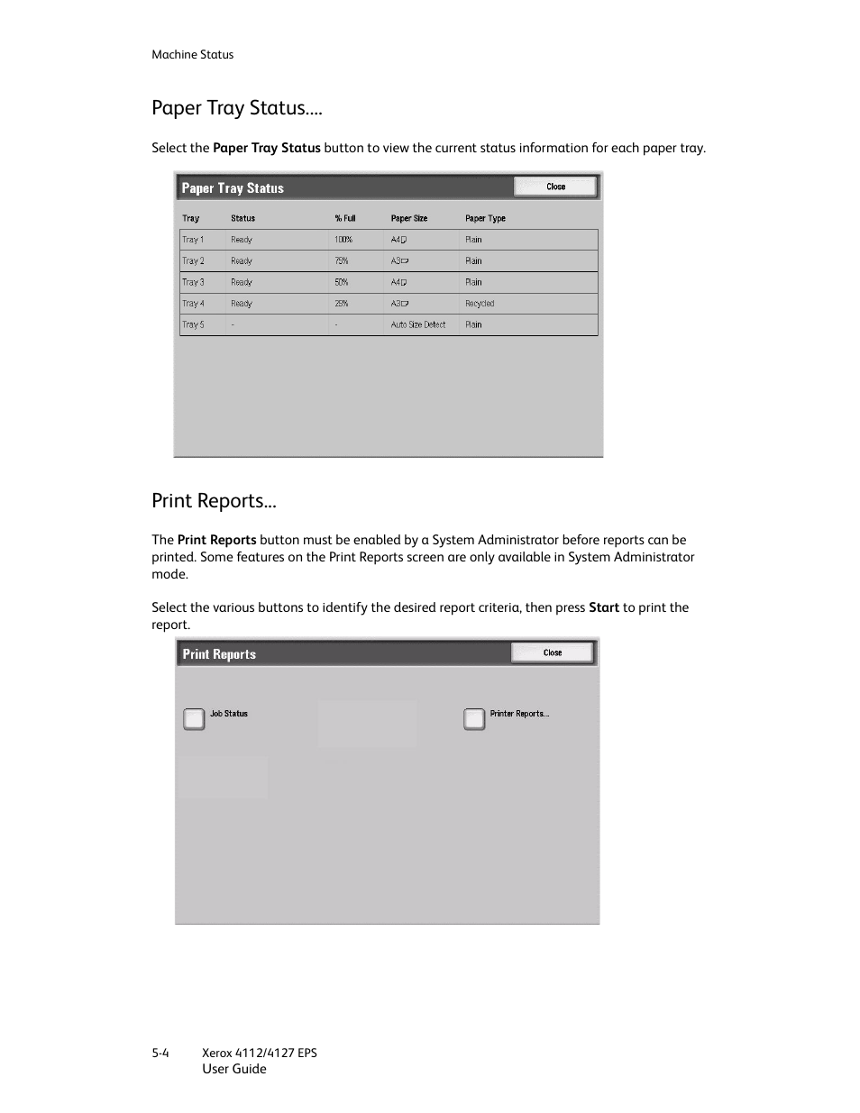 Paper tray status, Print reports, Paper tray status -4 print reports -4 | Xerox 4112-4127 Enterprise Printing System-4612 User Manual | Page 64 / 224