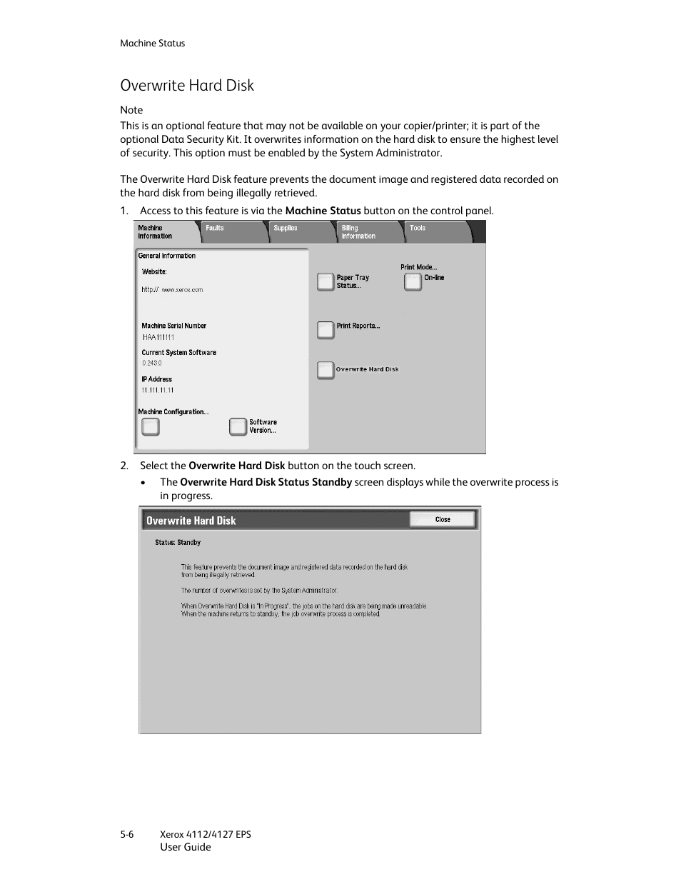 Overwrite hard disk, Overwrite hard disk -6 | Xerox 4112-4127 Enterprise Printing System-4612 User Manual | Page 66 / 224