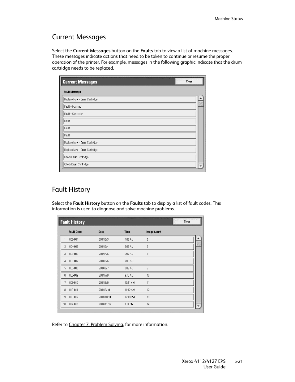 Current messages, Fault history, Current messages -21 fault history -21 | Xerox 4112-4127 Enterprise Printing System-4612 User Manual | Page 81 / 224