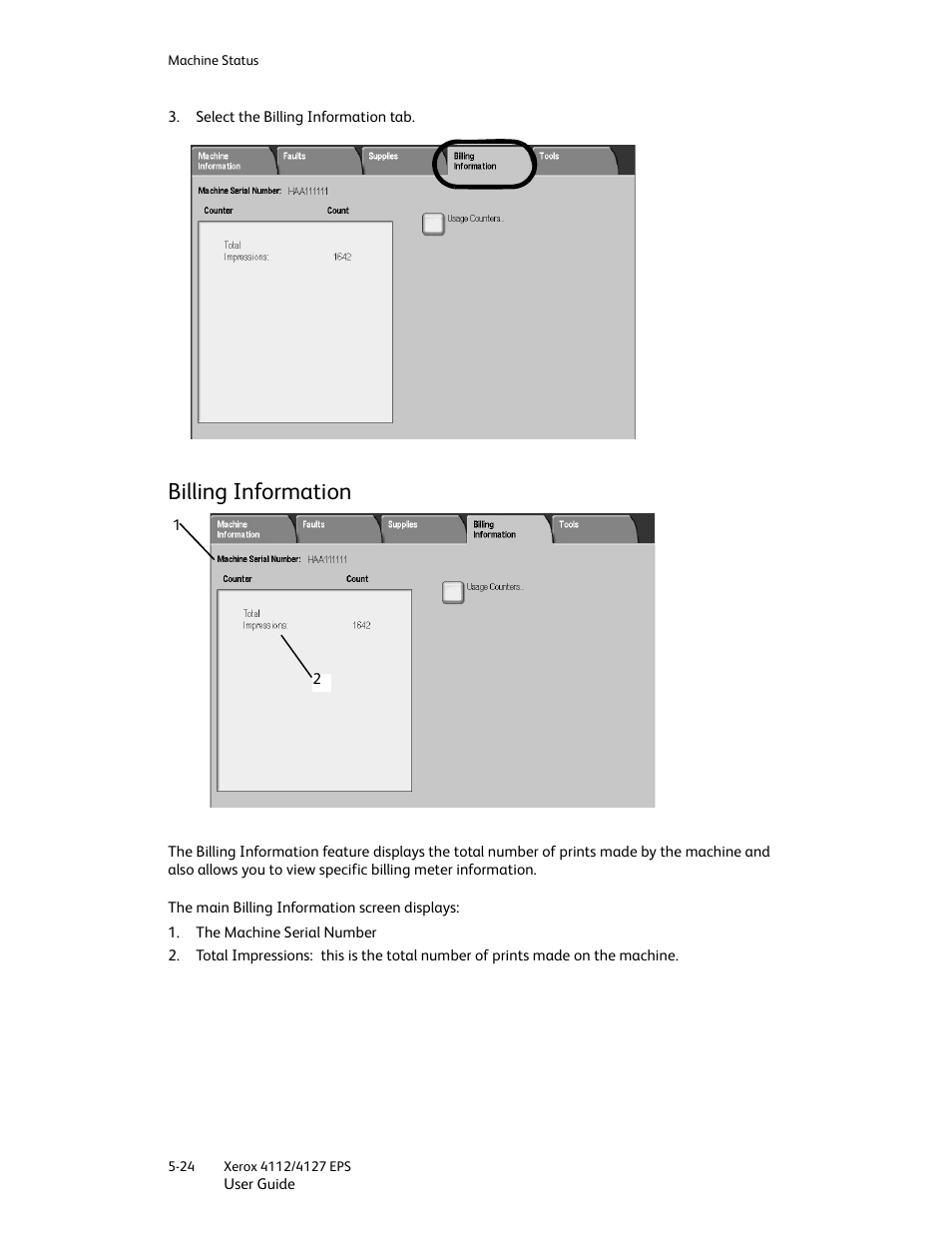 Billing information, Billing information -24 | Xerox 4112-4127 Enterprise Printing System-4612 User Manual | Page 84 / 224