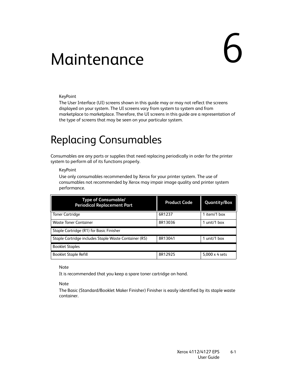 Maintenance, Replacing consumables, Maintenance -1 | Replacing consumables -1 | Xerox 4112-4127 Enterprise Printing System-4612 User Manual | Page 87 / 224