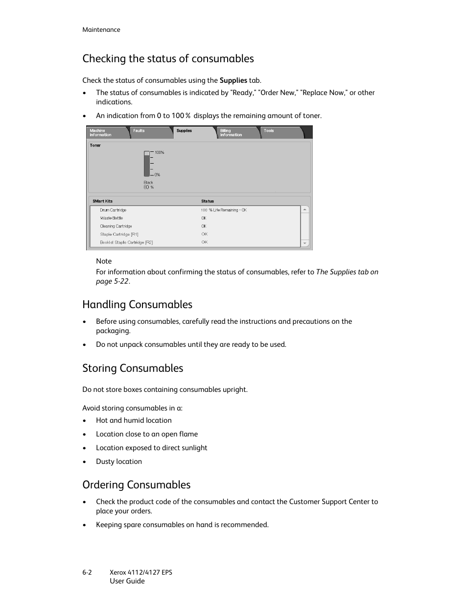 Checking the status of consumables, Handling consumables, Storing consumables | Ordering consumables | Xerox 4112-4127 Enterprise Printing System-4612 User Manual | Page 88 / 224