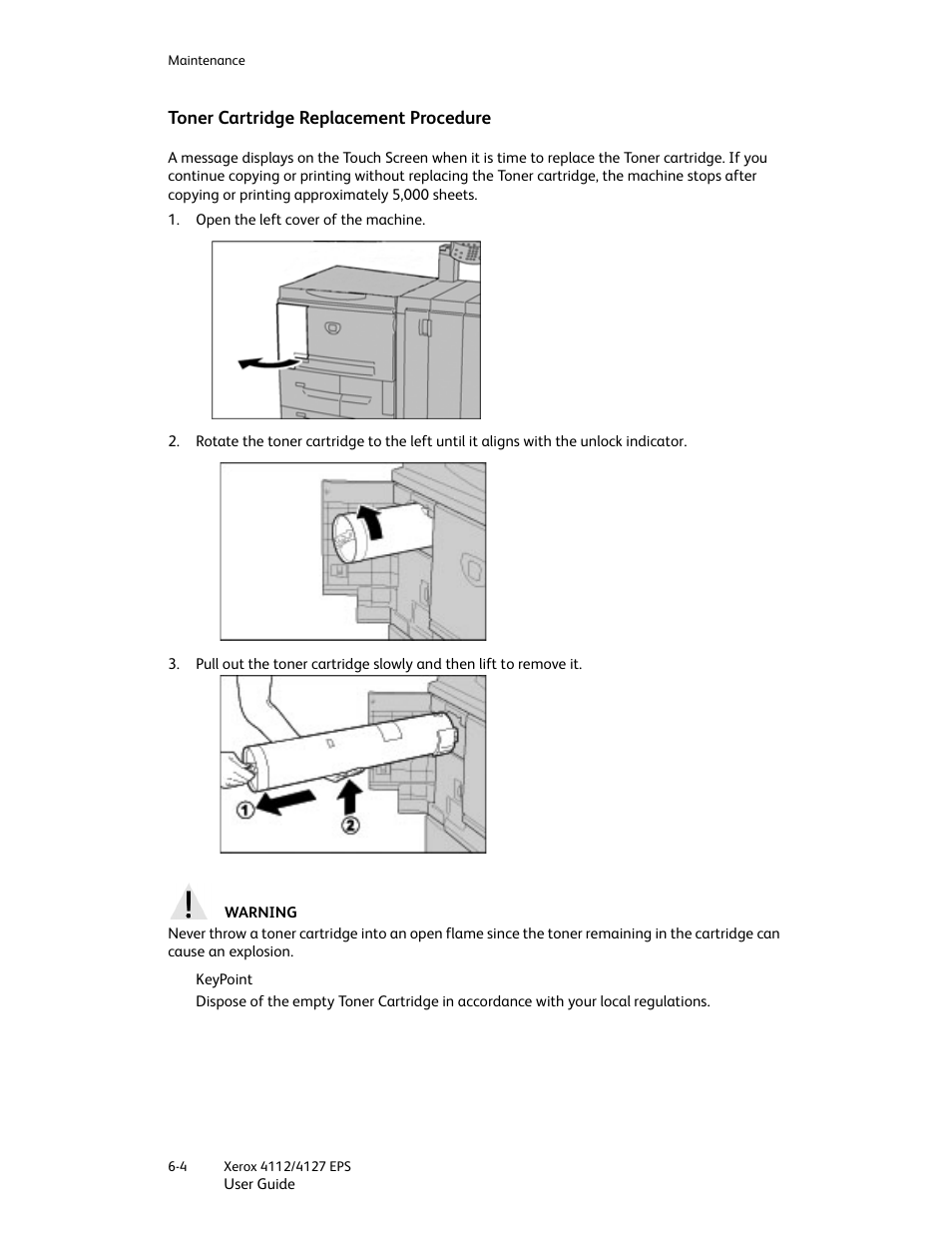 Toner cartridge replacement procedure, Toner cartridge replacement procedure -4 | Xerox 4112-4127 Enterprise Printing System-4612 User Manual | Page 90 / 224