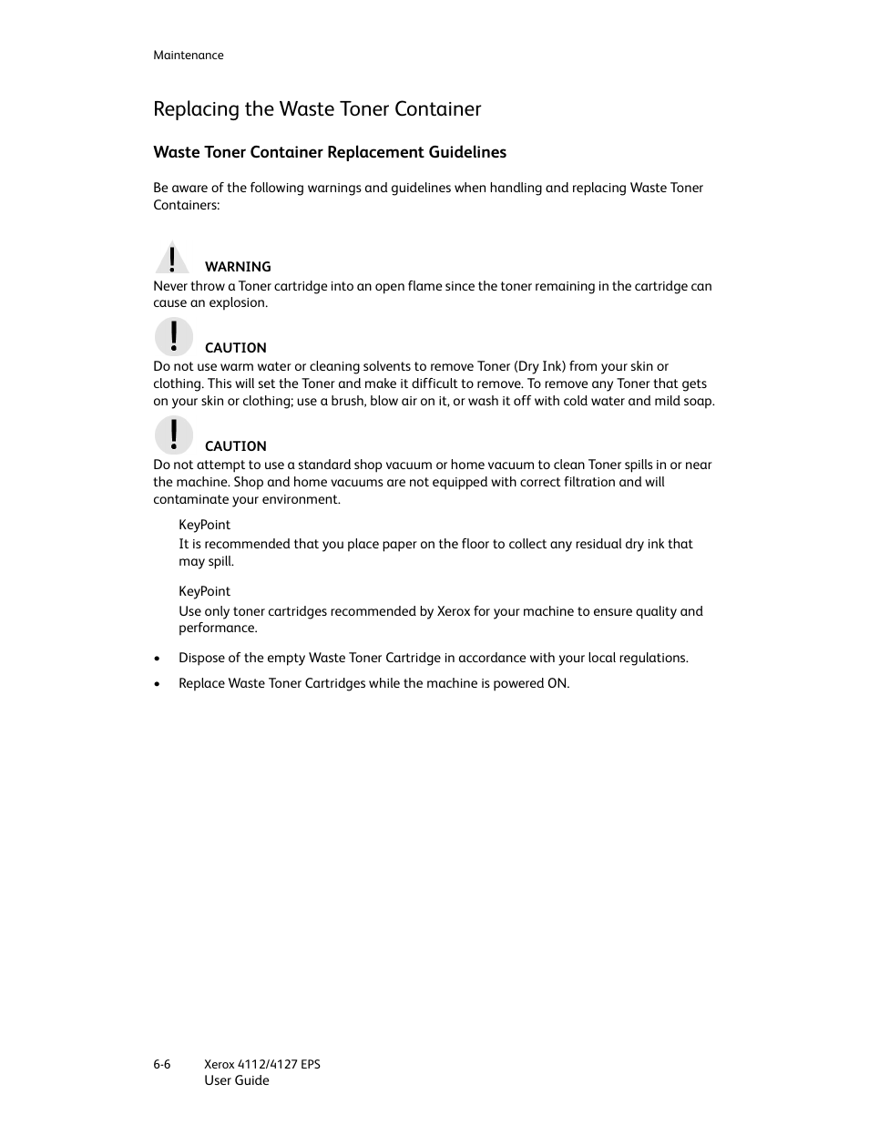 Replacing the waste toner container, Waste toner container replacement guidelines, Replacing the waste toner container -6 | Waste toner container replacement guidelines -6 | Xerox 4112-4127 Enterprise Printing System-4612 User Manual | Page 92 / 224