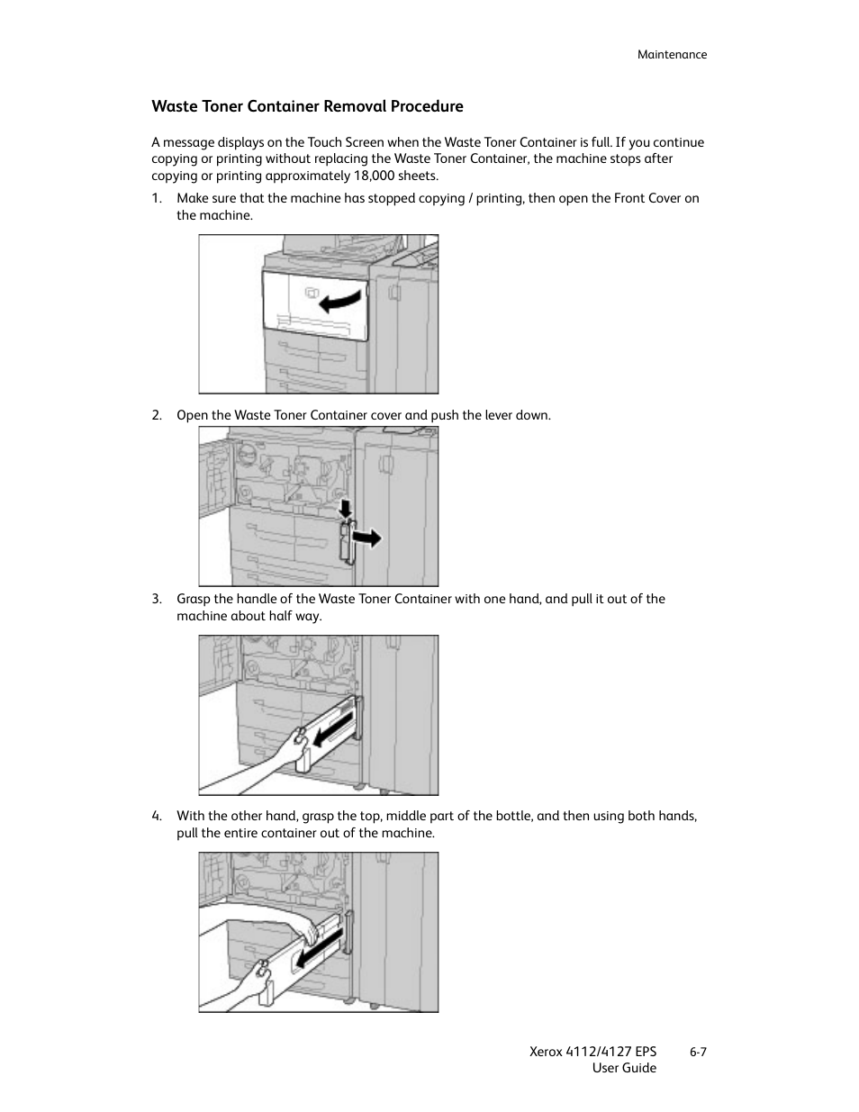 Waste toner container removal procedure, Waste toner container removal procedure -7 | Xerox 4112-4127 Enterprise Printing System-4612 User Manual | Page 93 / 224