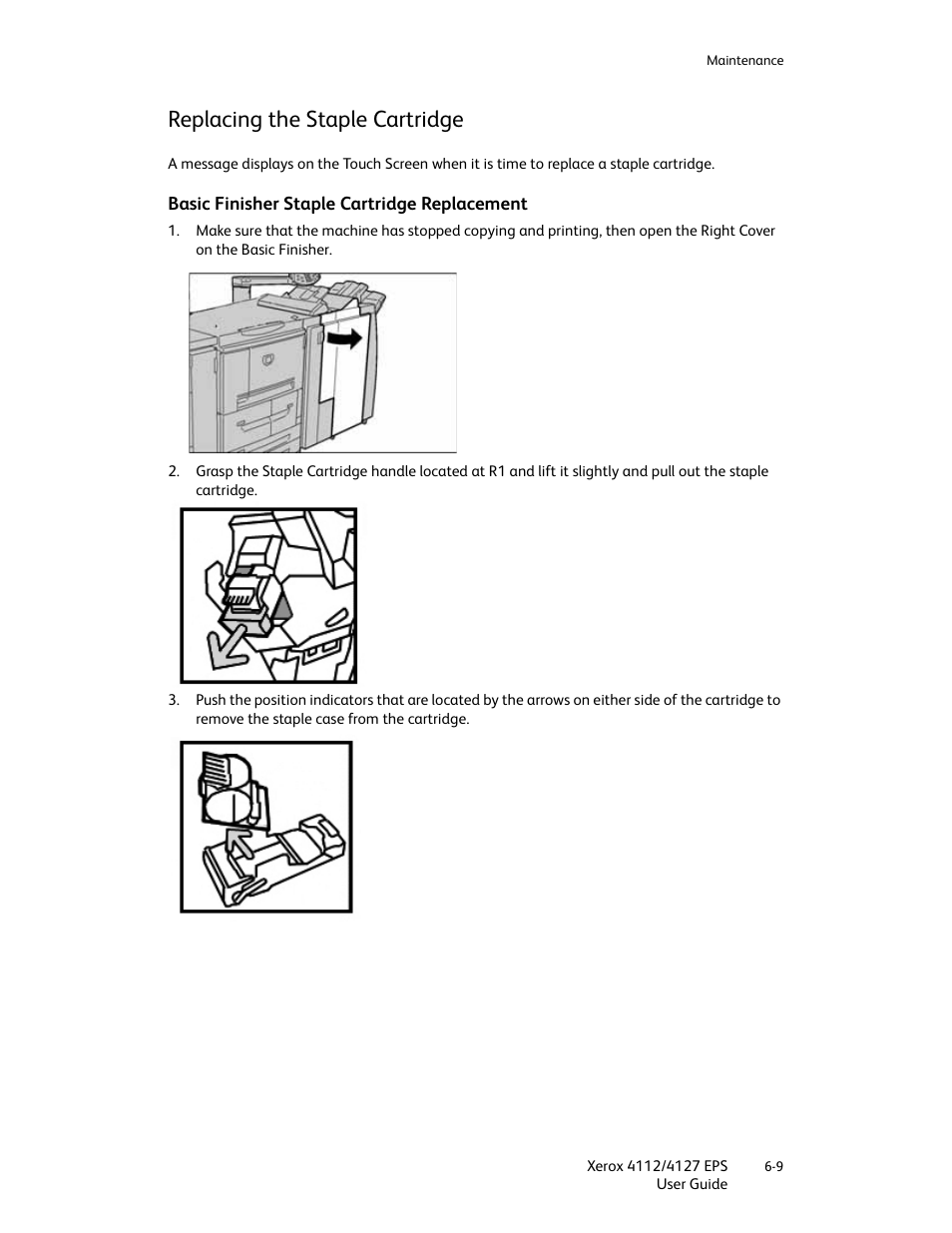 Replacing the staple cartridge, Basic finisher staple cartridge replacement, Replacing the staple cartridge -9 | Basic finisher staple cartridge replacement -9 | Xerox 4112-4127 Enterprise Printing System-4612 User Manual | Page 95 / 224