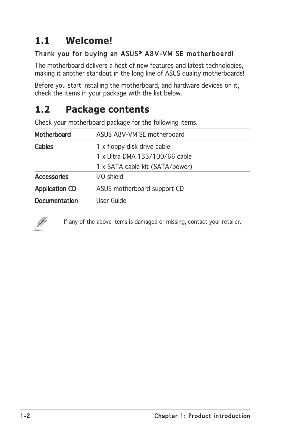 1 welcome, 2 package contents | Asus A8V-VM SE User Manual | Page 14 / 86