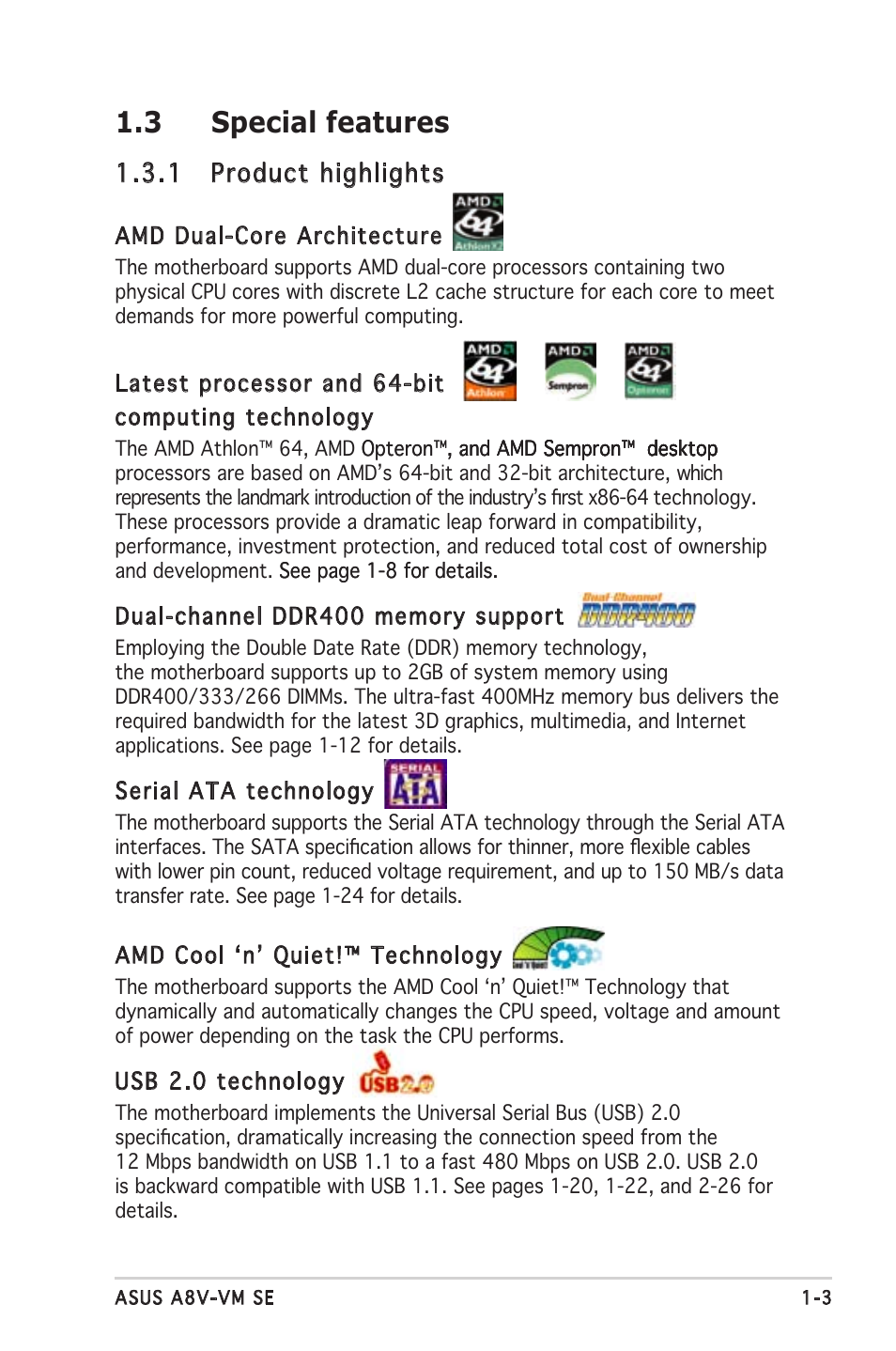 3 special features, 1 product highlights | Asus A8V-VM SE User Manual | Page 15 / 86