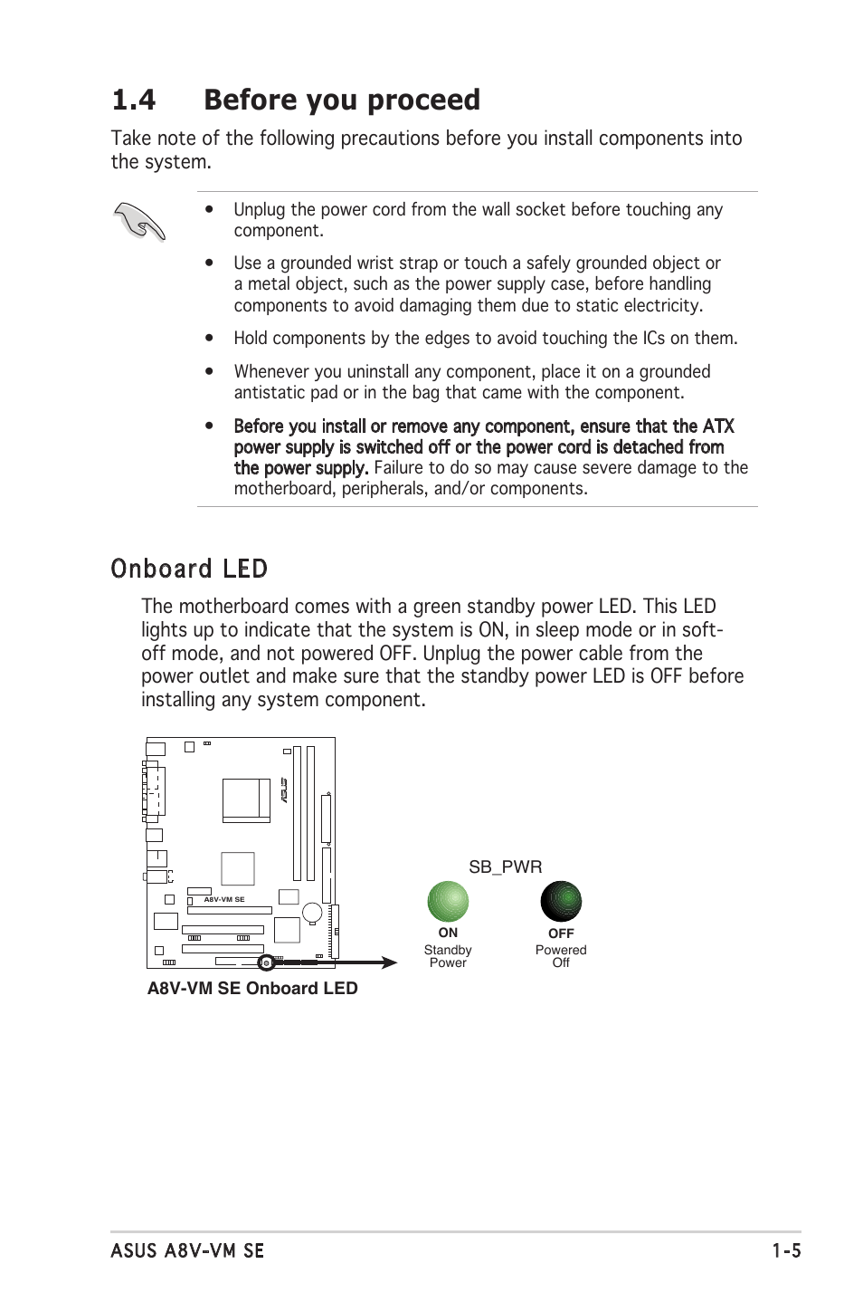 4 before you proceed, Onboard led | Asus A8V-VM SE User Manual | Page 17 / 86
