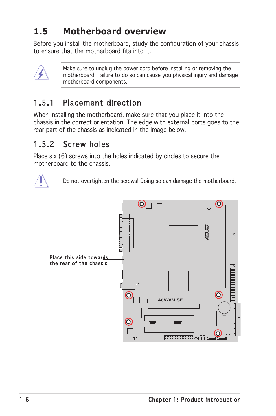 5 motherboard overview, 1 placement direction, 2 screw holes | Asus A8V-VM SE User Manual | Page 18 / 86