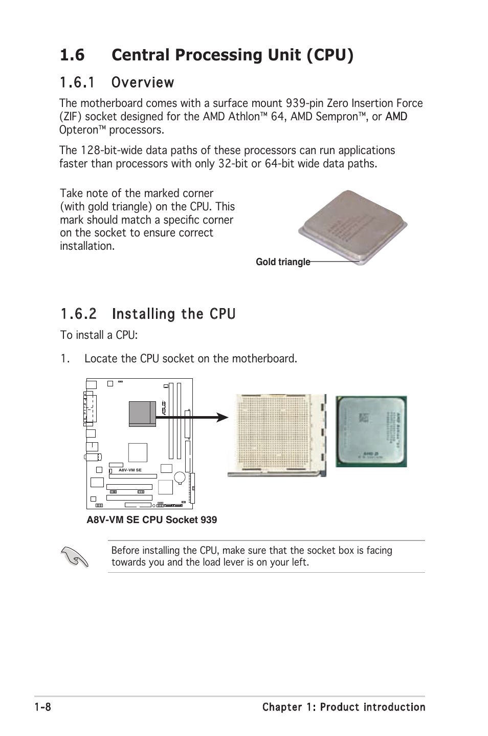 6 central processing unit (cpu), 2 installing the cpu, 1 overview | Asus A8V-VM SE User Manual | Page 20 / 86