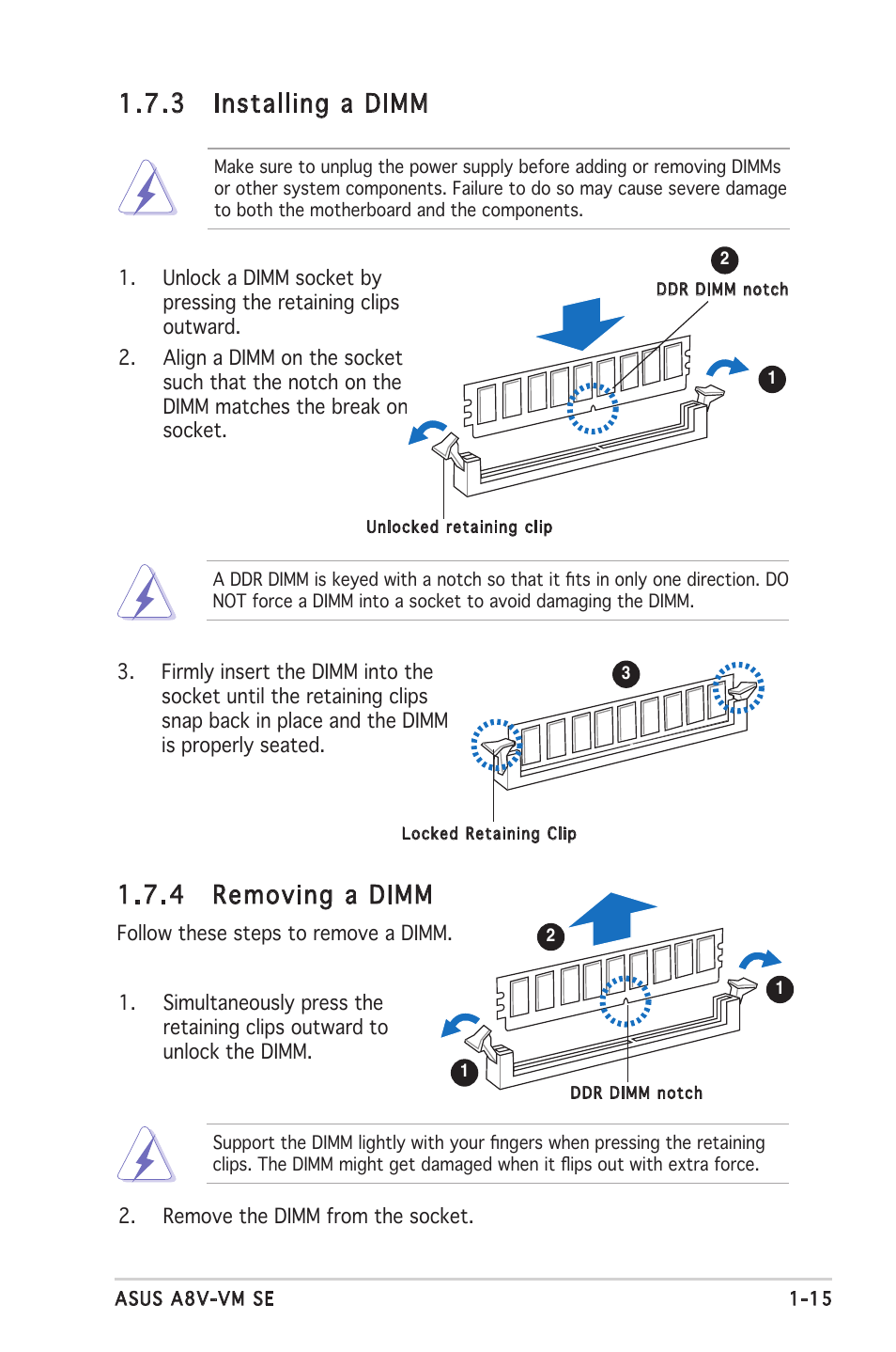 4 removing a dimm, 3 installing a dimm | Asus A8V-VM SE User Manual | Page 27 / 86