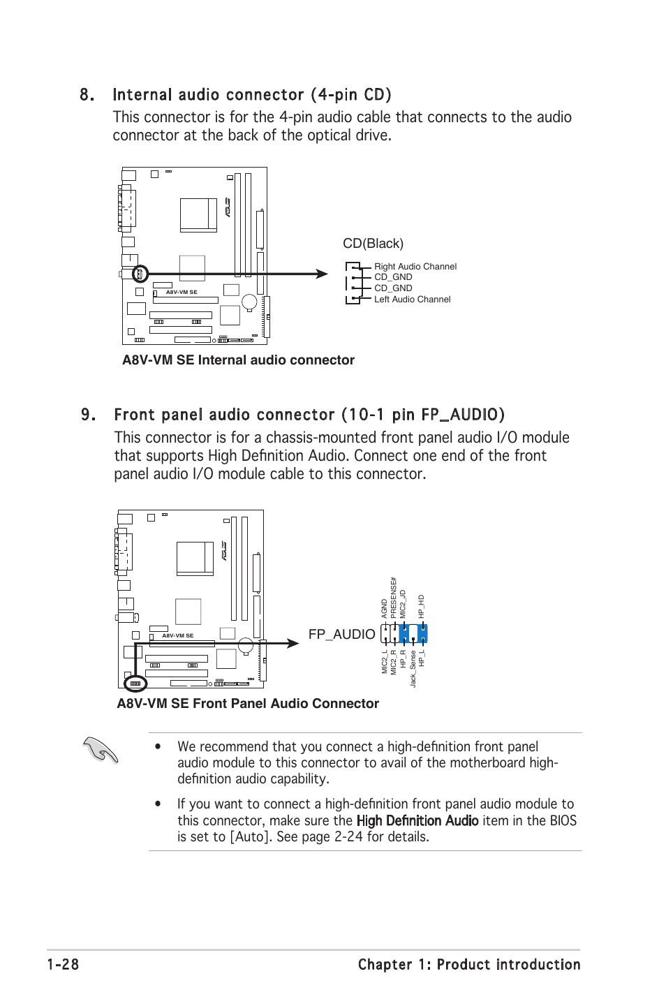 A8v-vm se front panel audio connector, Fp_audio, A8v-vm se internal audio connector cd(black) | Asus A8V-VM SE User Manual | Page 40 / 86