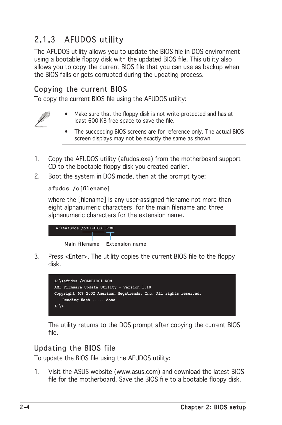 3 afudos utility, Updating the bios file, Copying the current bios | Asus A8V-VM SE User Manual | Page 46 / 86