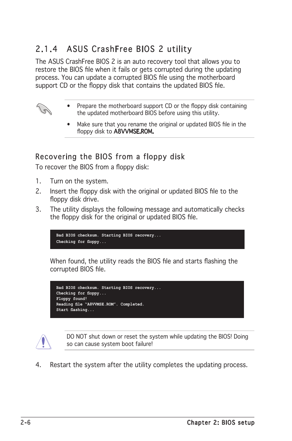 4 asus crashfree bios 2 utility, Recovering the bios from a floppy disk | Asus A8V-VM SE User Manual | Page 48 / 86