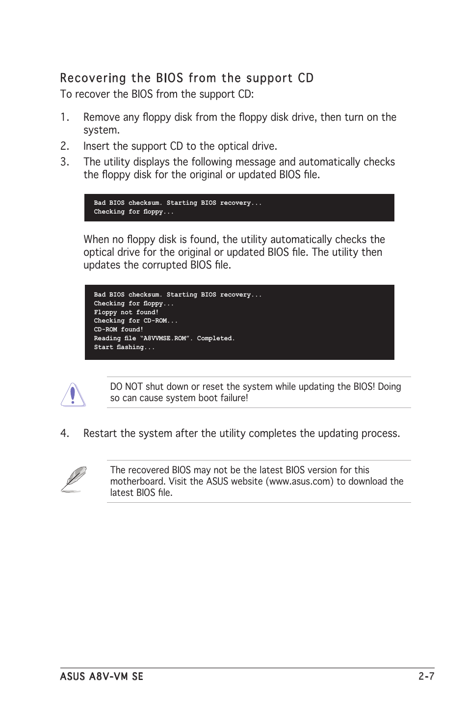 Recovering the bios from the support cd | Asus A8V-VM SE User Manual | Page 49 / 86