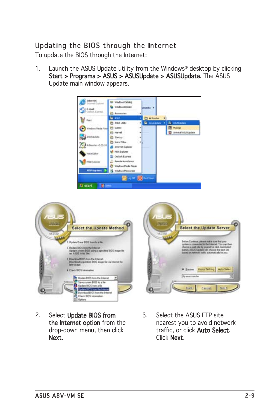 Updating the bios through the internet | Asus A8V-VM SE User Manual | Page 51 / 86