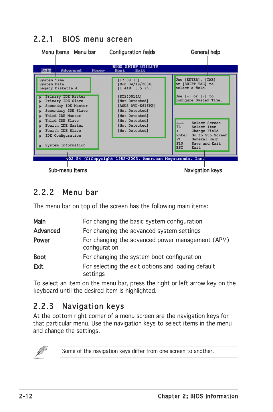 2 menu bar, 1 bios menu screen 2.2.3 navigation keys | Asus A8V-VM SE User Manual | Page 54 / 86