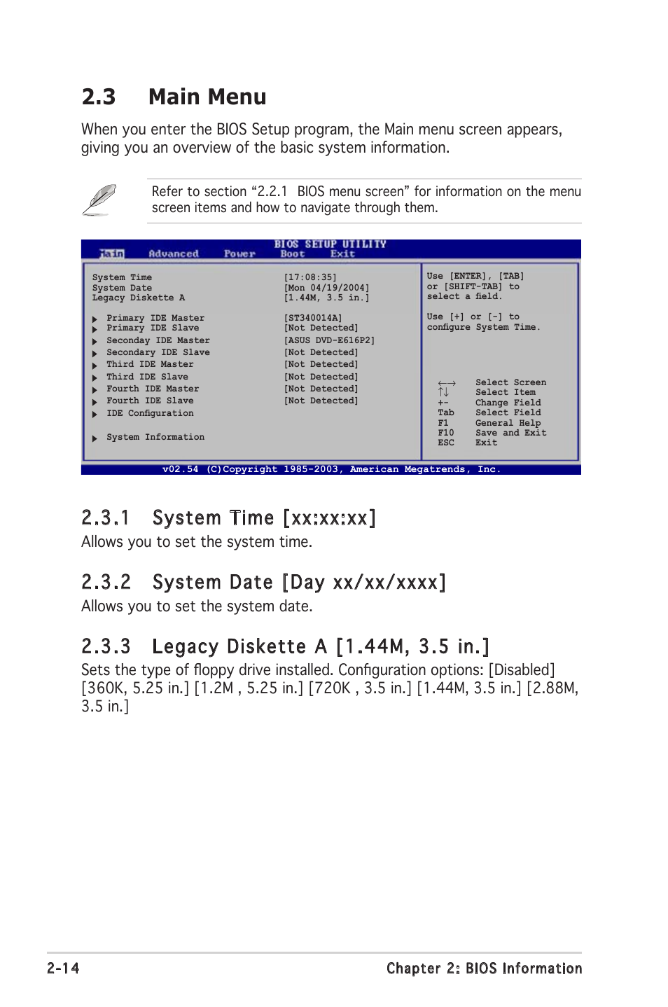 3 main menu, 1 system time [xx:xx:xx, Allows you to set the system time | Allows you to set the system date | Asus A8V-VM SE User Manual | Page 56 / 86