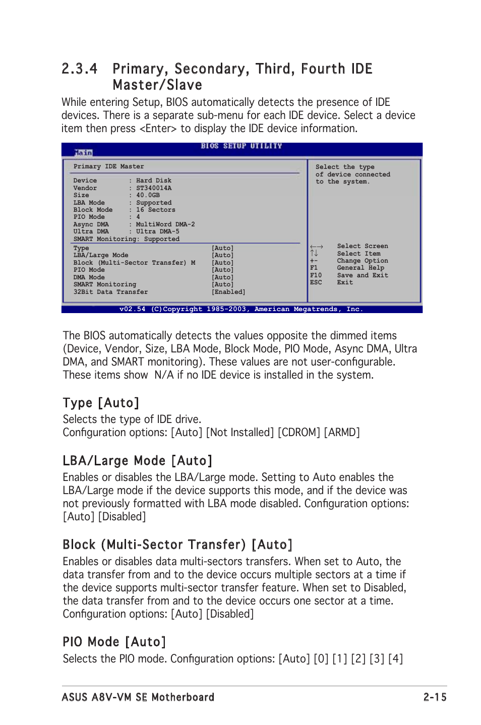 Type [auto, Lba/large mode [auto, Block (multi-sector transfer) [auto | Pio mode [auto | Asus A8V-VM SE User Manual | Page 57 / 86