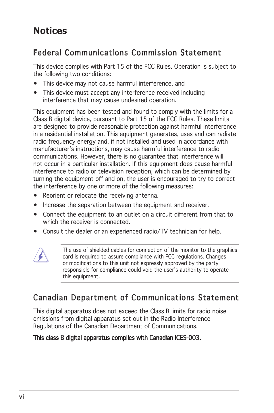 Notices, Federal communications commission statement, Canadian department of communications statement | Asus A8V-VM SE User Manual | Page 6 / 86