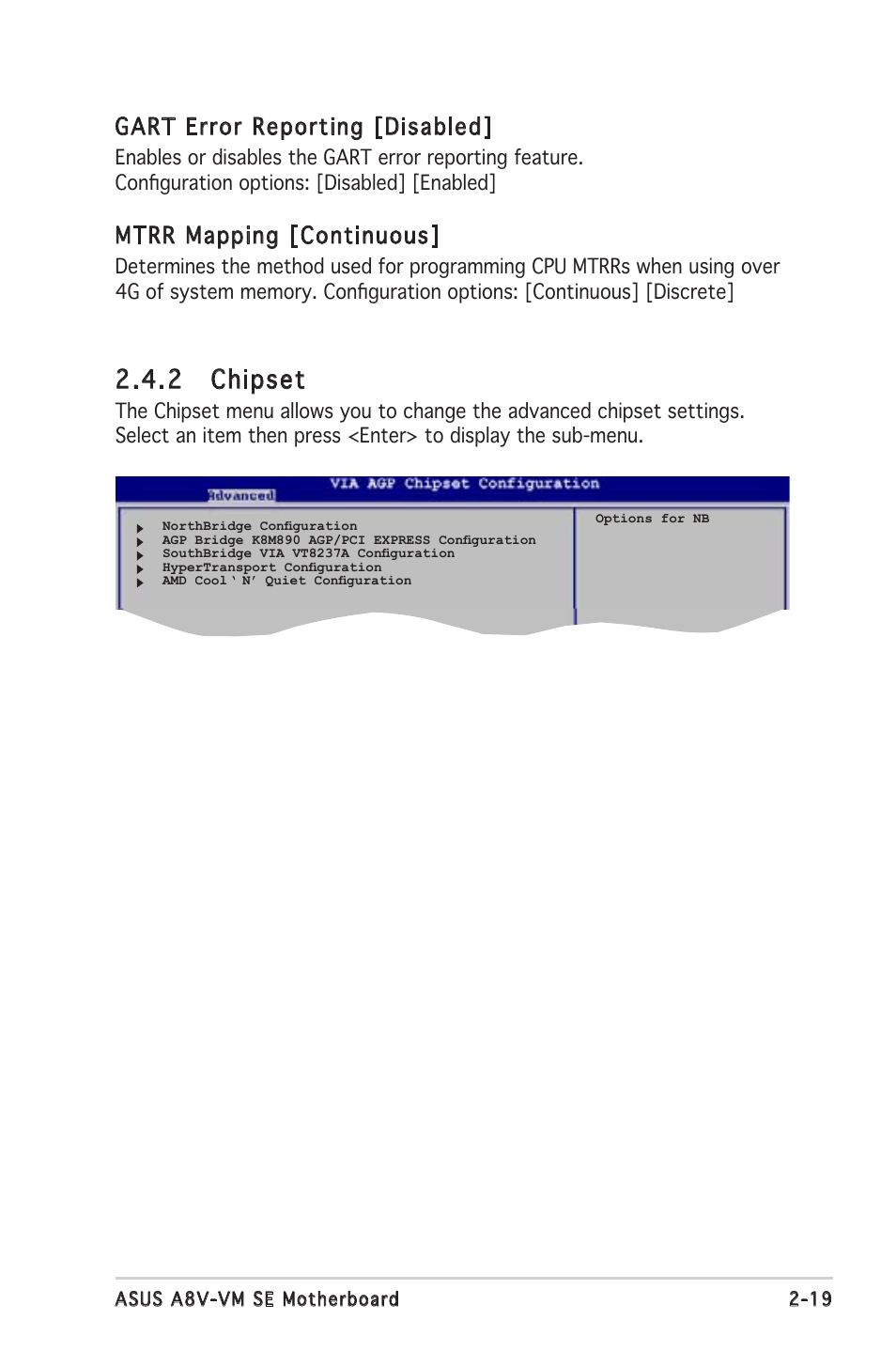 2 chipset, Gart error reporting [disabled, Mtrr mapping [continuous | Asus A8V-VM SE User Manual | Page 61 / 86