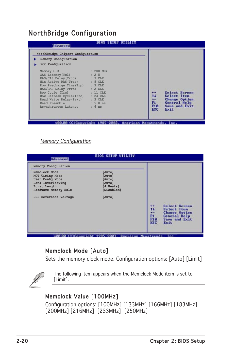 Northbridge configuration, 20 chapter 2: bios setup | Asus A8V-VM SE User Manual | Page 62 / 86