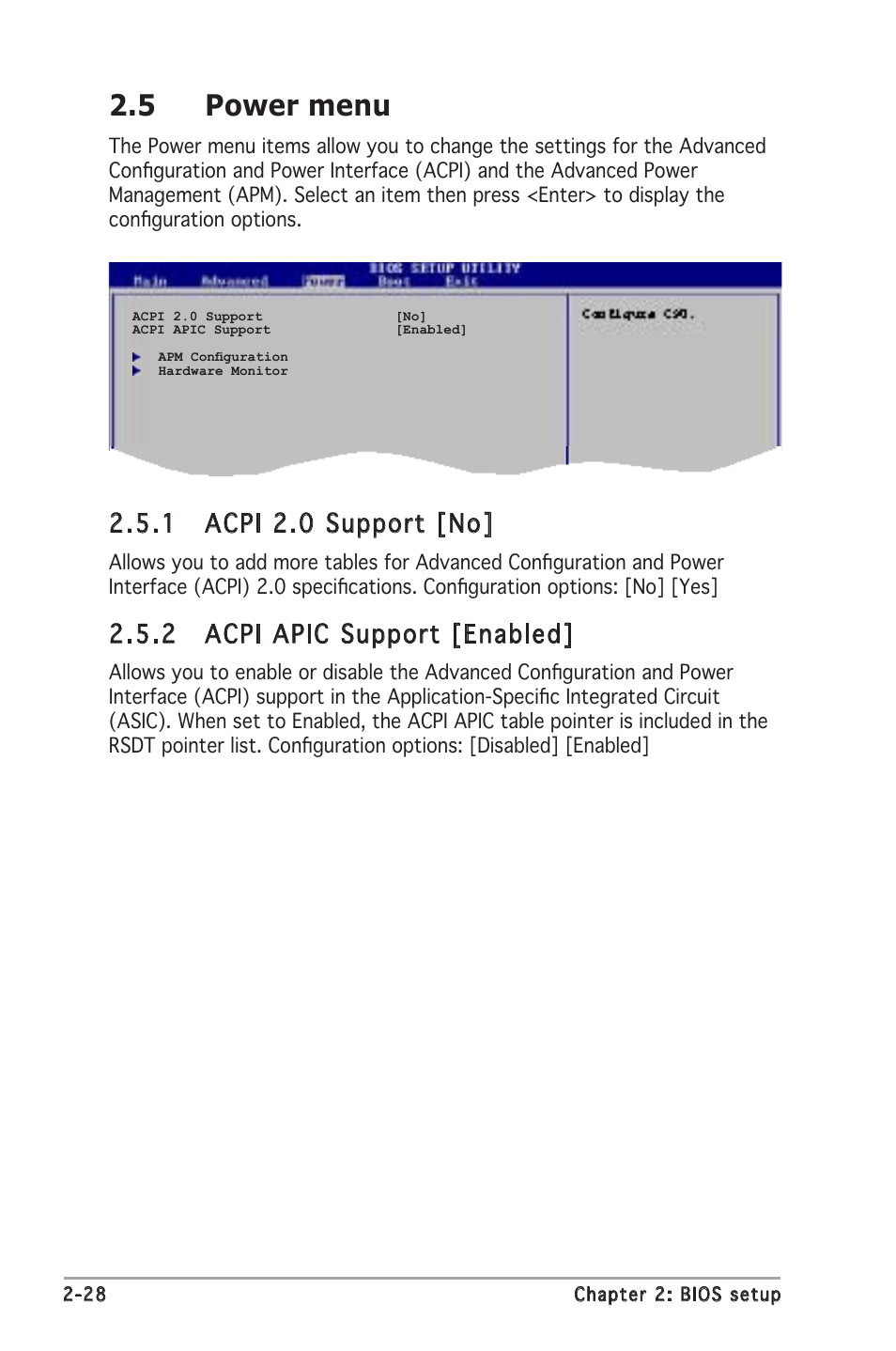 5 power menu, 1 acpi 2.0 support [no, 2 acpi apic support [enabled | Asus A8V-VM SE User Manual | Page 70 / 86