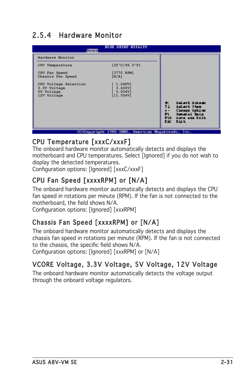 4 hardware monitor, Cpu temperature [xxxc/xxxf | Asus A8V-VM SE User Manual | Page 73 / 86