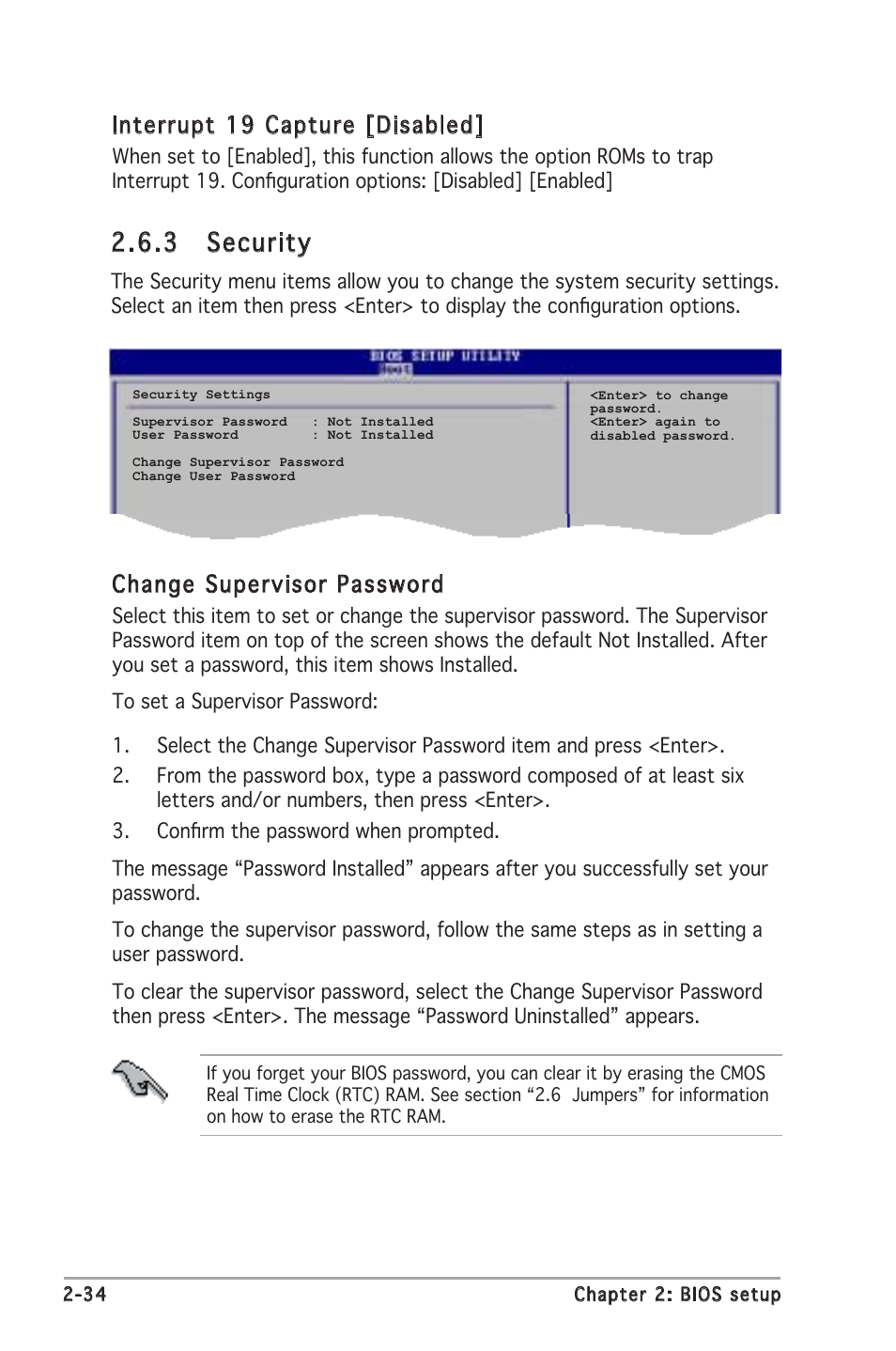 3 security, Interrupt 19 capture [disabled, Change supervisor password | Asus A8V-VM SE User Manual | Page 76 / 86