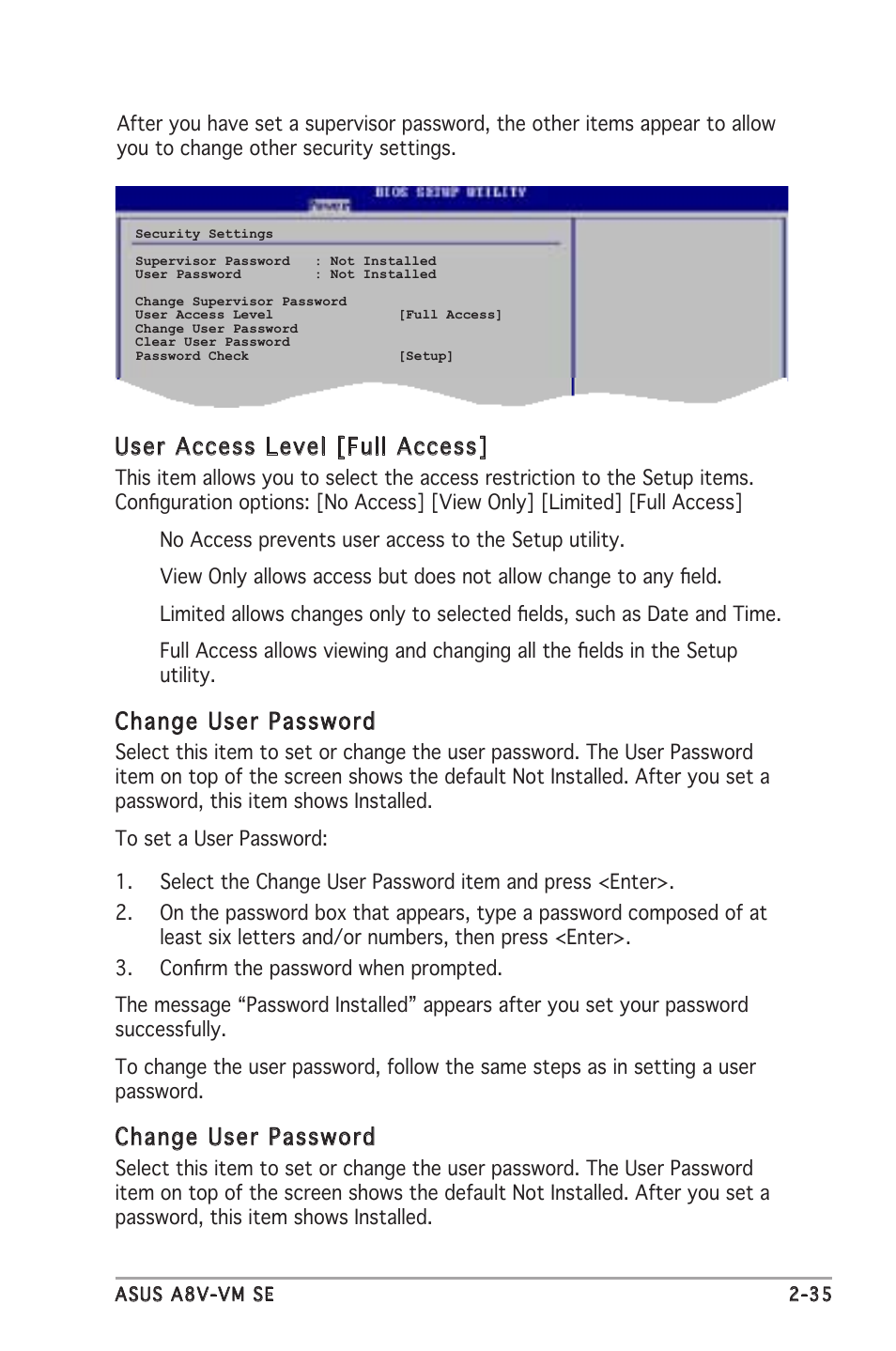 User access level [full access, Change user password | Asus A8V-VM SE User Manual | Page 77 / 86