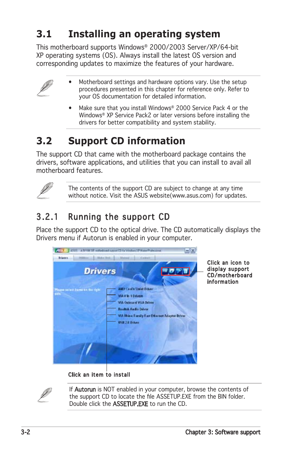 1 installing an operating system, 2 support cd information, 1 running the support cd | Asus A8V-VM SE User Manual | Page 82 / 86