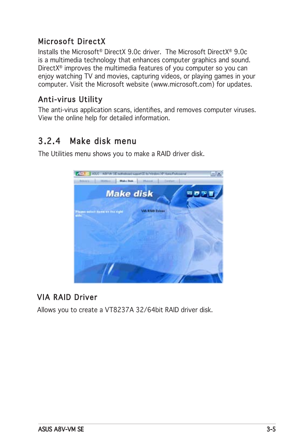 4 make disk menu, Microsoft directx, Anti-virus utility | Via raid driver | Asus A8V-VM SE User Manual | Page 85 / 86