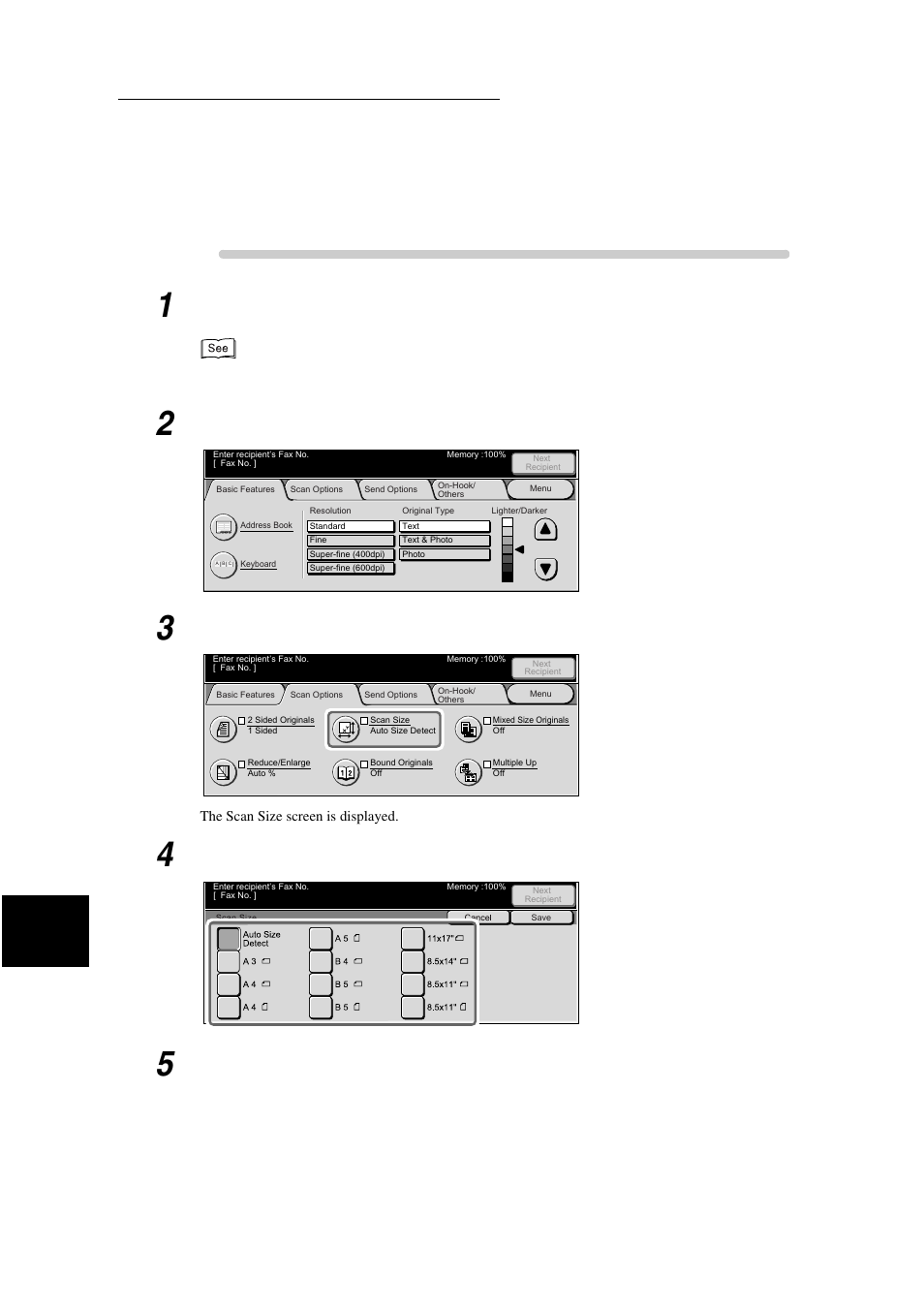 Procedure, Load documents, Display the fax screen | Select scan size in the scan options screen, Select the desired document size, Select save | Xerox WorkCentre M24-3946 User Manual | Page 112 / 332